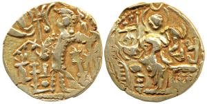 Kidara Kushanas (c. 4th century AD), Gold Dinar, 8.01g, obv. king standing right with trid