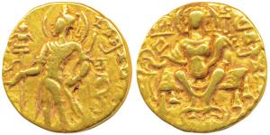 Guptas, Chandragupta I, Gold Dinar, 7.70g, 'Archer' type, inverted bow, obv. king nimbate 