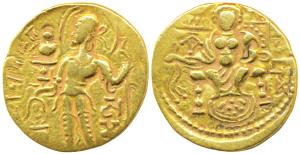 Guptas, Samudragupta, Gold Dinar, 7.61g, 'Standard' type, obv. king nimbate standing left,