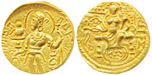 Guptas, Samudragupta, Gold Dinar, 7.81g, 'Standard' type, obv. king nimbate standing left,
