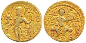 Guptas, Samudragupta, Gold Dinar, 7.31g, ’Standard’ type, obv. king nimbate standing left,