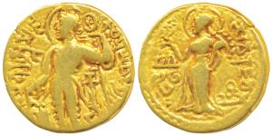 Guptas, Samudragupta, Gold Dinar, 7.59g, ’Kacha’ type, obv. king nimbate standing to left,
