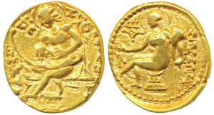 Guptas, Samudragupta, Gold Dinar, 7.64g, ’Lyrist’ type, obv. king seated on a high-backed 