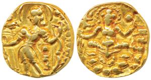 Guptas, Chandragupta II, Gold Dinar, 7.86g, ’Archer’ type, obv. king nimbate, standing lef