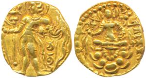 Guptas, Chandragupta II, Gold Dinar, 8.10g, ’Archer’ type, obv. king nimbate, with a sash 