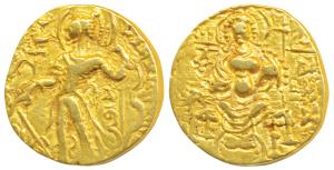 Guptas, Chandragupta II, Gold Dinar, 7.83g, ’Archer’ type Lakshmi scattering coins, obv. k