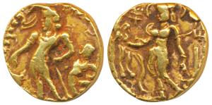 Guptas, Chandragupta II, Gold Dinar, 6.2g, ’Chhatra’ (Parasol) type, obv. king standing lo