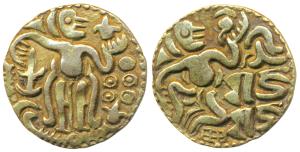 Imperial Cholas, Raja Raja I (985-1014 AD), Base Gold Kahavanu, 4.17g, obv. king reclining