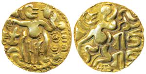Imperial Cholas, Raja Raja I, Base Gold Kahavanu, 4.29g, obv. king reclining on a mat with