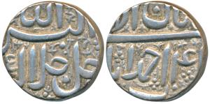 Akbar, Silver Rupee, 11.35g, Ahmedabad Mint, Ilahi type, Month Aban, Year 4X (KM 93.2). Ex