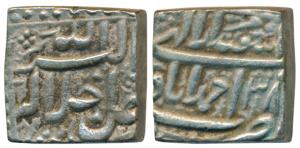 Akbar, Silver Square Rupee, 11.33g, Ahmedabad Mint, Ilahi type, Month Isfandarmuz, Year 38