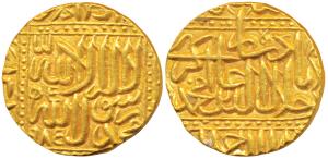 Akbar, Gold Mohur, 10.91g, Dar-ul-Sultanate Ahmedabad Mint, AH 985, Kalima type (KM 108.2)