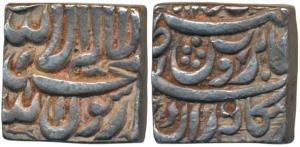 Akbar, Silver Square Rupee, 11.33g, Bangla Mint, ’Kabe Roshan’ couplet, Kalima type (KM 86