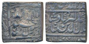 Akbar, Silver Square Rupee, 11.26g, Dar-us-Sultanate Fathpur Mint, AH 986, Kalima type (KM