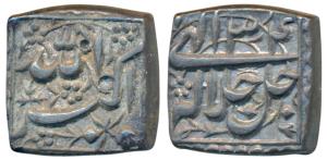 Akbar, Silver Square Rupee, 11.25g, mintless and monthless variety, Year 34 (KM 91.1). Abo