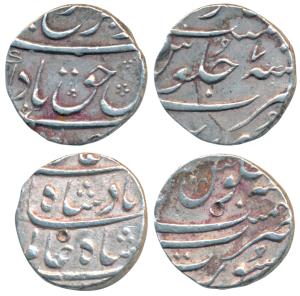 Shah Alam Bahadur and Farrukhsiyar, Silver ½ Rupee (2), 5.74g and 5.7g, Surat Mint, RY 7 (