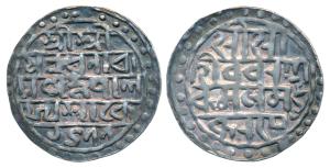 Nara Narayan (SE 1477-1509, 1555-1587 AD), Silver Tanka, 10.20g, Sk 1477, legend in four l