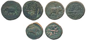 Tipu Sultan, Copper Paisa (3), Nagar Mint, AM 1222 and 1227; Patan Mint, AM 1224 (KM 103.1