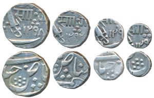 Sayaji Rao III, set of 4, Silver Rupee, ½, ¼ and 1/8, Baroda Mint, in the name of Shah Ala