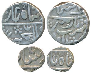 Chitor Mint, Silver Rupee and ¼, in the name of Alamgir II, the first with an inverted fla