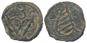 Cochin, Tin Bazaruk, 1.23g, obv. 8 VOC, rev. a pear shaped oval shield with oblique decora
