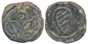 Cochin, Tin Bazaruk, 1.52g, obv. 8 VOC, rev. a pear shaped oval shield with oblique decora