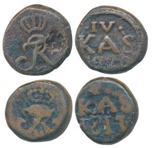 Copper 4 Kas (2), 1817 and 1820 (nearly obliterated), crowned monogram on obv., value and 