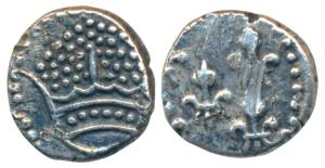 Pondicherry Mint, Silver Royalin (½ Fanon), 0.67g, obv. small pearled crown, rev. 5 fleur 