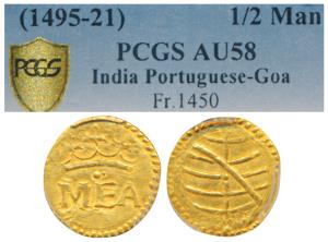 Goa, Manuel I (1495-1521 AD), Gold ½ Manuel (Mea or 240 Reais), Goa Mint, obv. a large cro
