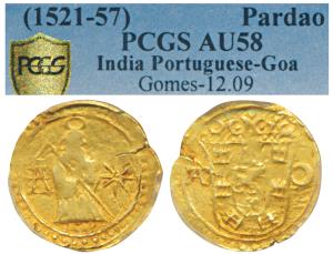 Cochin, John III (1521-1557 AD), Gold Pardau, obv. crowned arms divide CA in circle, rev. 