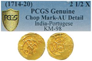 Goa, John V (1706-1750 AD), Gold 2½ Xerafims, obv. crowned arms divide GA in circle, rev. 