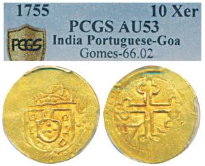 Damao (Daman), Jose the Reformer, Gold 10 Xerafins, obv. crowned arms, rev. cross divides 