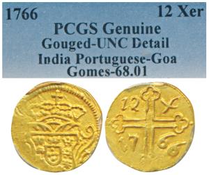 Goa, Jose the Reformer, Gold 12 Xerafins, obv. crowned arms, rev. cross divides value and 