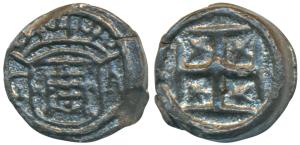 Goa, Filipe II (1598-1621 AD), Tin Bazaruco, 2.37g, obv. stars in angles of cross, rev. cr