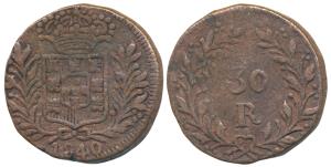 Damao, Maria II (1834-1853 AD), Copper 30 Reis / ½ Tanga, obv. crowned arms within wreath 
