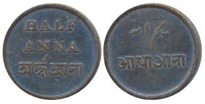 Copper ½ Anna, 13.15g, 1831-35 issue, New Calcutta Mint, value in four languages (KM 59). 