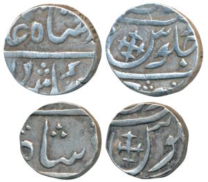 Broach Mint, Silver Rupee and ½, with a cross in the seen of julus, in the name of Shah Al
