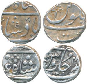 Surat Mint, Silver ½ Rupee (2), both 5.6g, in the name of Shah Alam II, the first privy ma