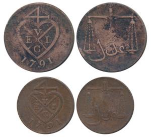 Copper 1 and 2 Pice, 1791, obv. bale mark with date below, rev. Scales, oblique milling (K