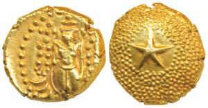 Star Gold Pagoda, 3.41g, single Swami (Balaji-Tirupati) standing, facing front on obv; sta