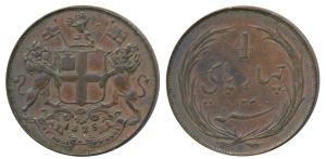 Tegnapattam Issues, Rupee Series, Copper 4 Pies, 8.41g, obv. coat of arms of the EIC and d