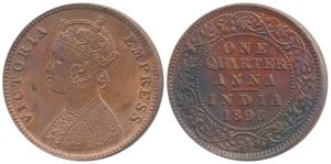 Victoria Empress, Copper ¼ Anna, 1896, Calcutta Mint, (Prid 629). About Uncirculated.