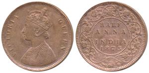 Victoria Queen, Copper ½ Anna, 1875, Calcutta Mint (Prid 583). About Extremely Fine, Very 