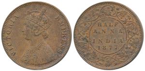 Victoria Empress, Copper ½ Anna, 1877, Bombay Mint, Bust B, 4 panels to the jabot with tin