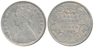 Victoria Empress, Silver ½ Rupee, 1880, Calcutta Mint, A / I / C incuse, (Prid 264). About