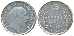 Edward VII, Silver ¼ Rupee, 1908, Calcutta Mint, (Prid 437). Nice mint lustre, About Uncir