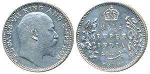 Edward VII, Silver ½ Rupee, 1910, Calcutta Mint, No mint mark, (Prid 314). About Uncircula