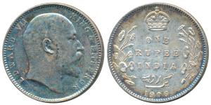 Edward VII, Silver Rupee, 1906, Bombay Mint. Nice blue toning, Extremely Fine.