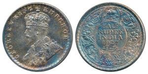 George V, Silver ½ Rupee, 1927, Calcutta Mint, (Prid 330). Nice golden brown toning on obv