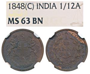 Copper 1/12 Anna, 1848, Calcutta Mint (Prid 163). Graded by NGC MS63 BN.